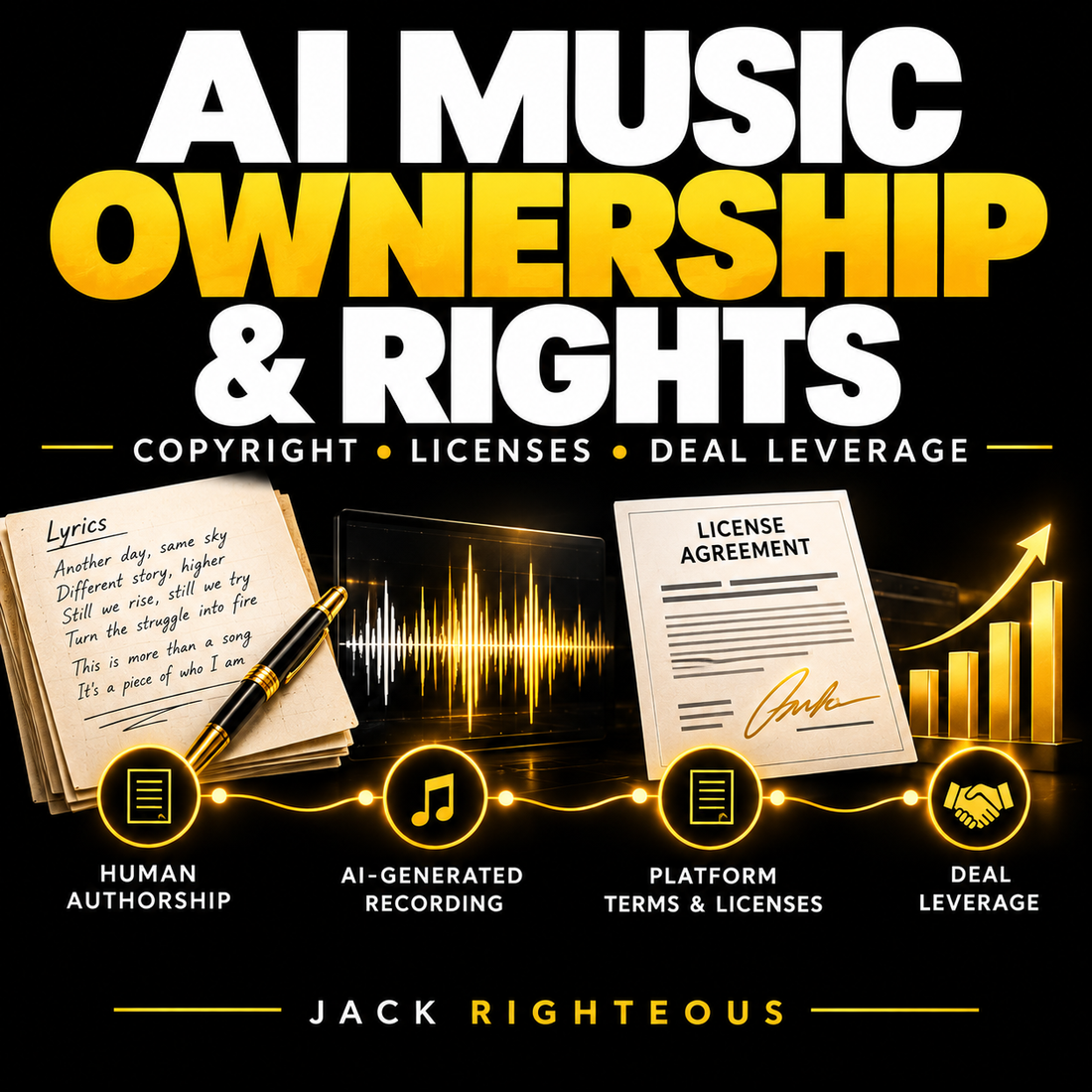 AI Music Ownership and Rights cover with lyrics, AI waveform, license agreement and deal leverage in black, white and gold.