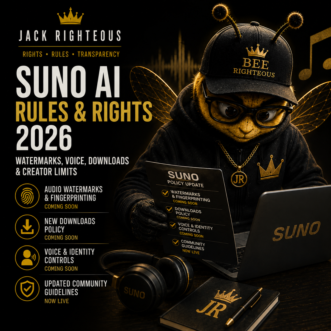 Suno AI rules and rights guide covering watermarks, voice, downloads and creator limits in 2026