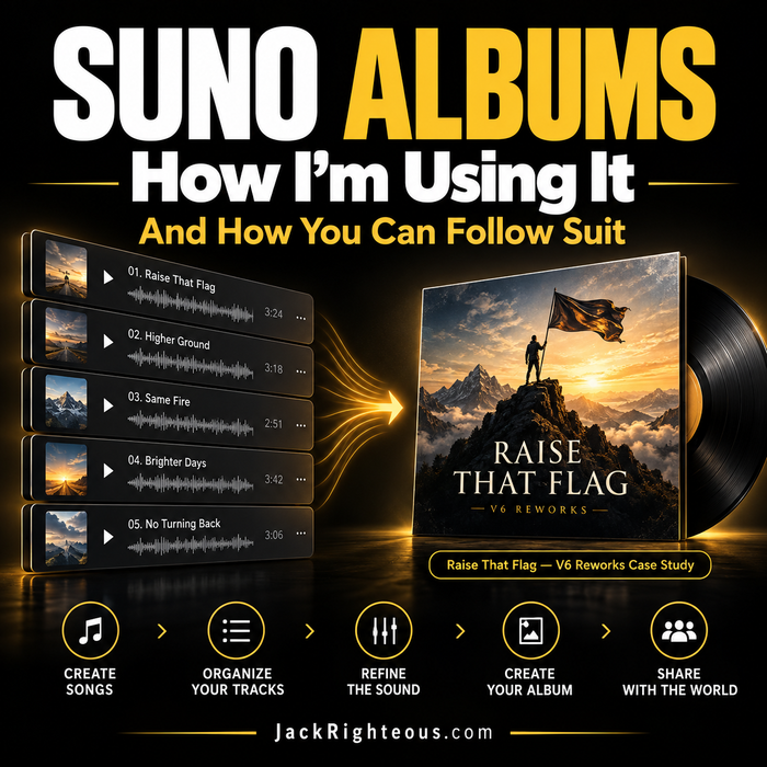 Suno Albums case study showing how Jack Righteous is using Suno Albums to organize tracks, build an album, and show other creators how to follow suit.