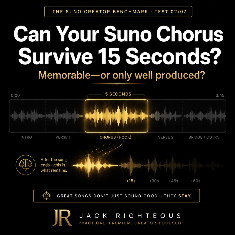 Suno Creator Benchmark guide showing how to test a chorus hook for memorability, lift and replay value