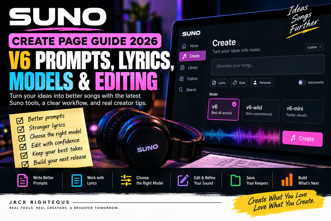 Suno Create Page Guide 2026 — V6 prompts, lyrics, models and editing | Jack Righteous