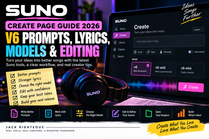 Suno Create Page Guide 2026 — V6 prompts, lyrics, models and editing | Jack Righteous