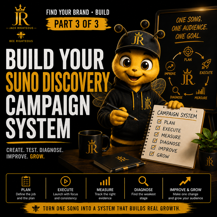 Bee Righteous guides creators through building a repeatable Suno discovery campaign with testing, diagnosis and growth