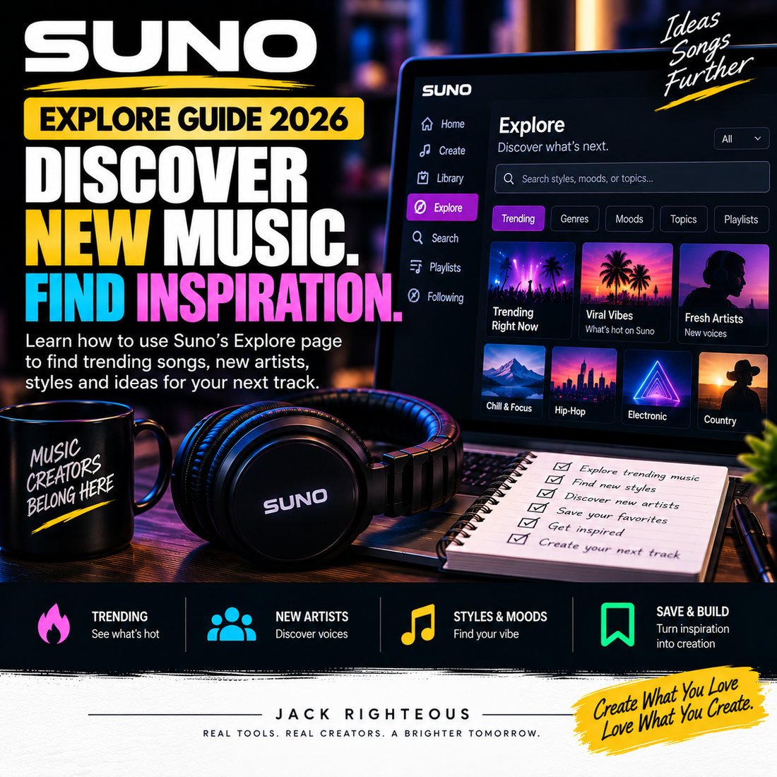 Suno Explore Guide 2026 — find music, playlists and creative references | Jack Righteous