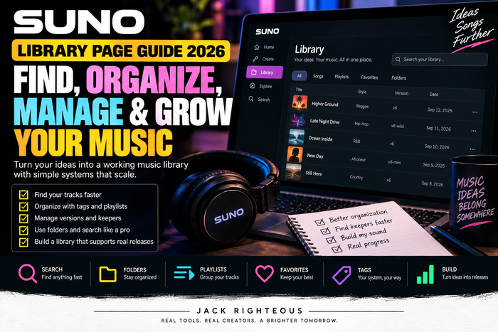 Suno Library Page Guide 2026 — find, organize, manage and grow your music | Jack Righteous