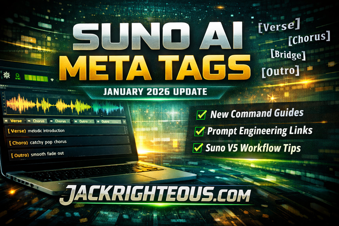 Suno AI meta tags January 2026 update covering command guides, prompt links and v5 workflow resources