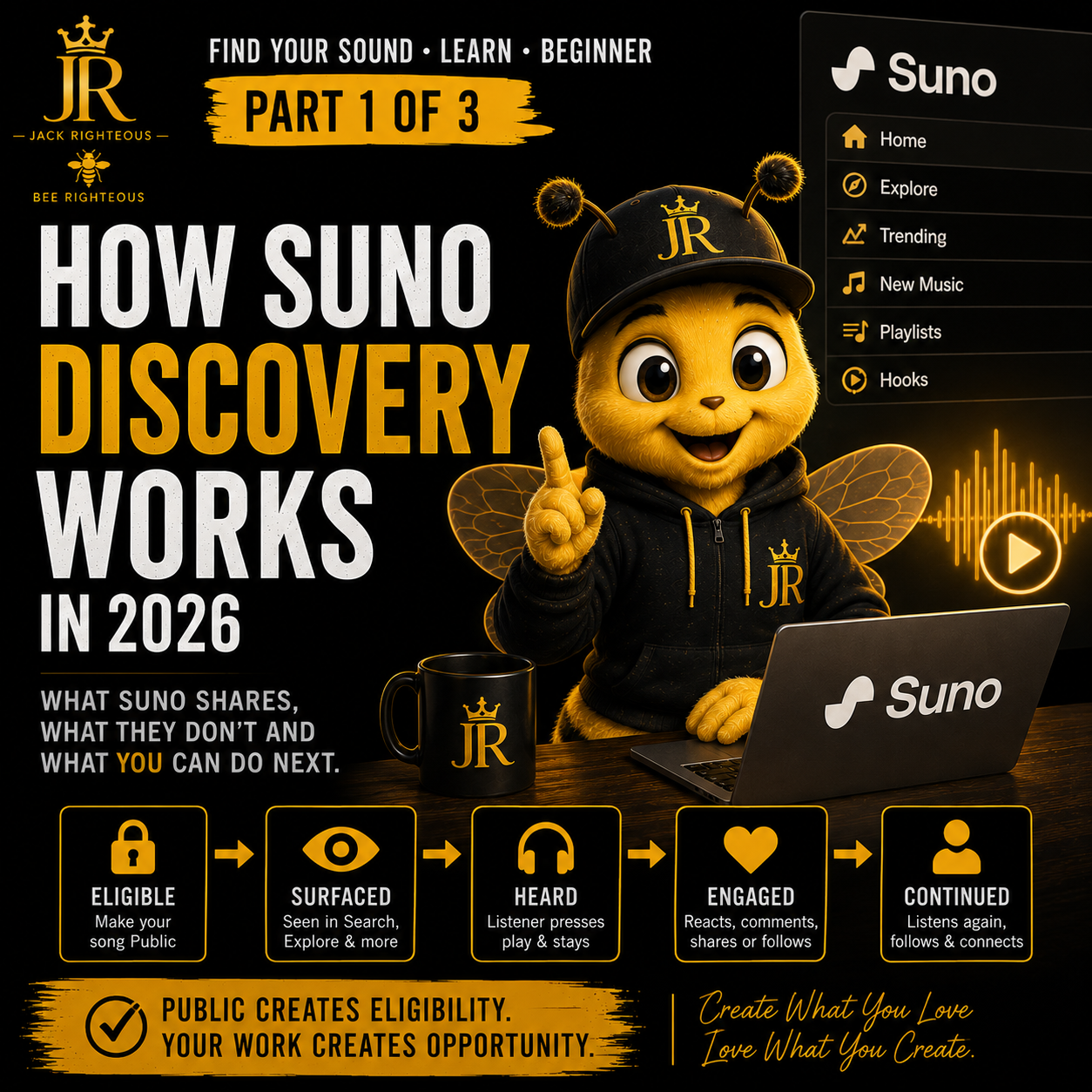 Bee Righteous explains how Suno discovery works in 2026, from Public eligibility to engagement, continuation and growth.
