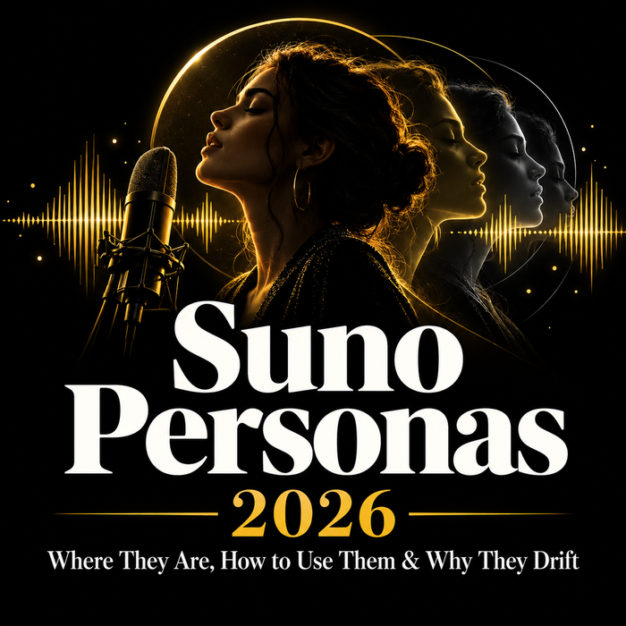 Suno Personas 2026 cover with singer profile, layered persona echoes, microphone and gold waveform