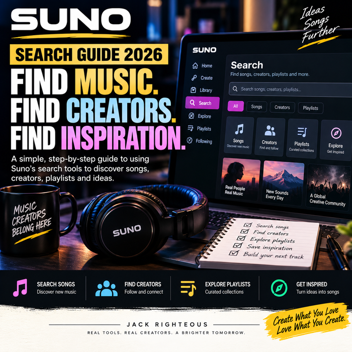 Suno Search Guide 2026 cover — find songs, creators, playlists and inspiration