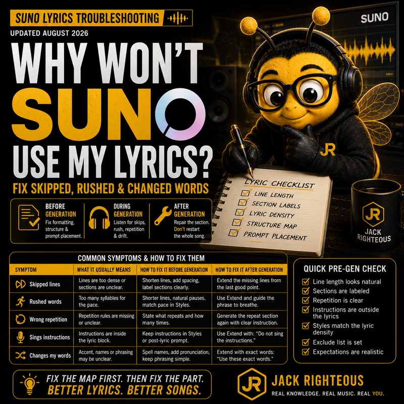 Suno lyrics troubleshooting guide for skipped, rushed or changed words with practical formatting and phrasing fixes