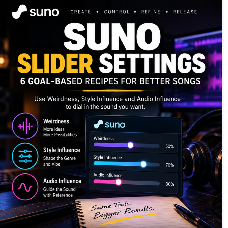 Suno slider settings with six goal-based recipes for Weirdness, Style, Audio Influence and v6 Variety