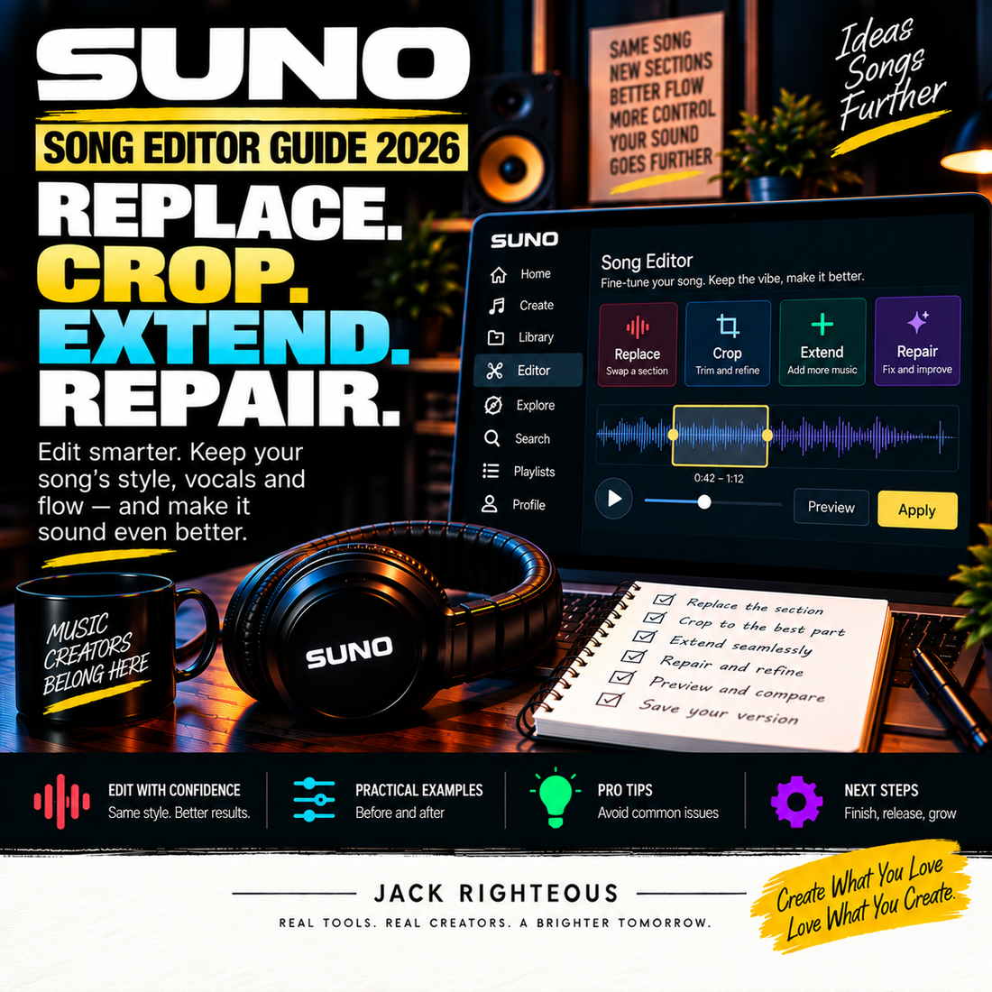 Suno Song Editor Guide 2026 — replace, crop, extend and repair sections | Jack Righteous