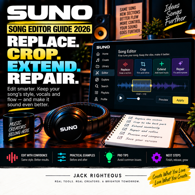 Suno Song Editor Guide 2026 — replace, crop, extend and repair sections | Jack Righteous
