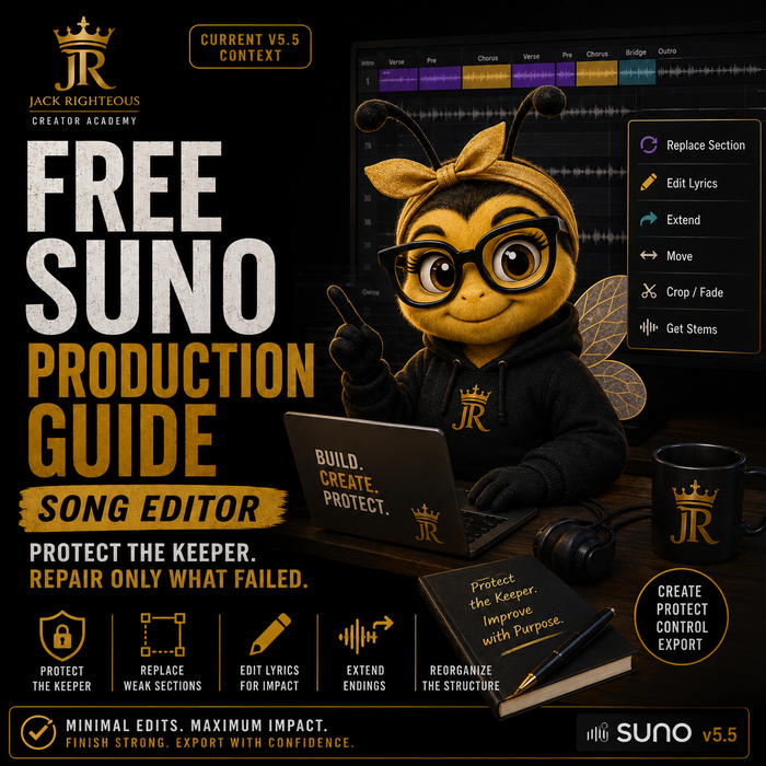 Bee Righteous demonstrates Suno Song Editor tools for protecting strong sections and repairing lyrics, structure and endings.