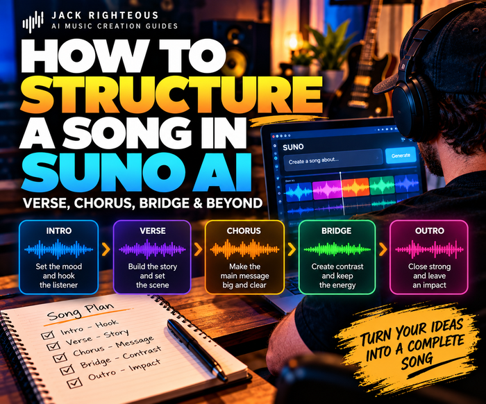 Suno song structure guide cover showing Intro, Verse, Chorus, Bridge and Outro as a complete song plan
