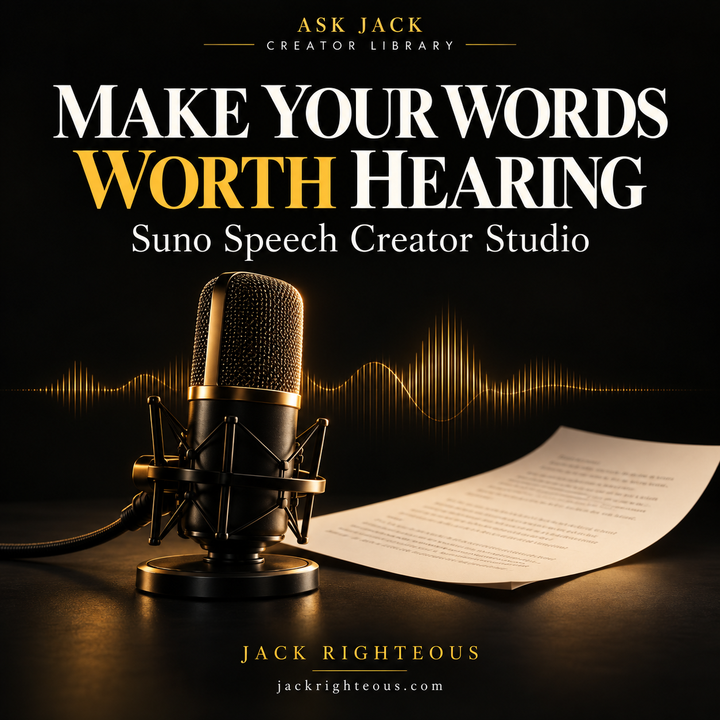 ASK JACK Suno Speech Creator Studio cover: Make Your Words Worth Hearing, with a gold-lit studio microphone, manuscript and audio waveform.
