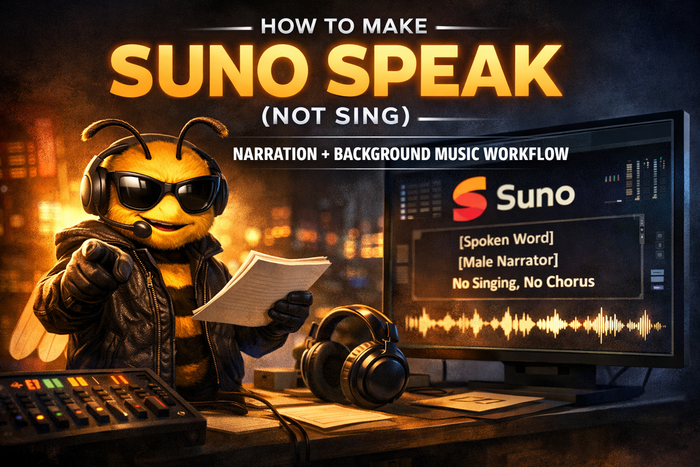 Suno guide for creating spoken narration instead of sung vocals using prompt structure and delivery controls