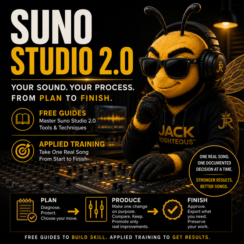Suno Studio 2.0 guide with free tutorials and a three-step AI music production training workflow