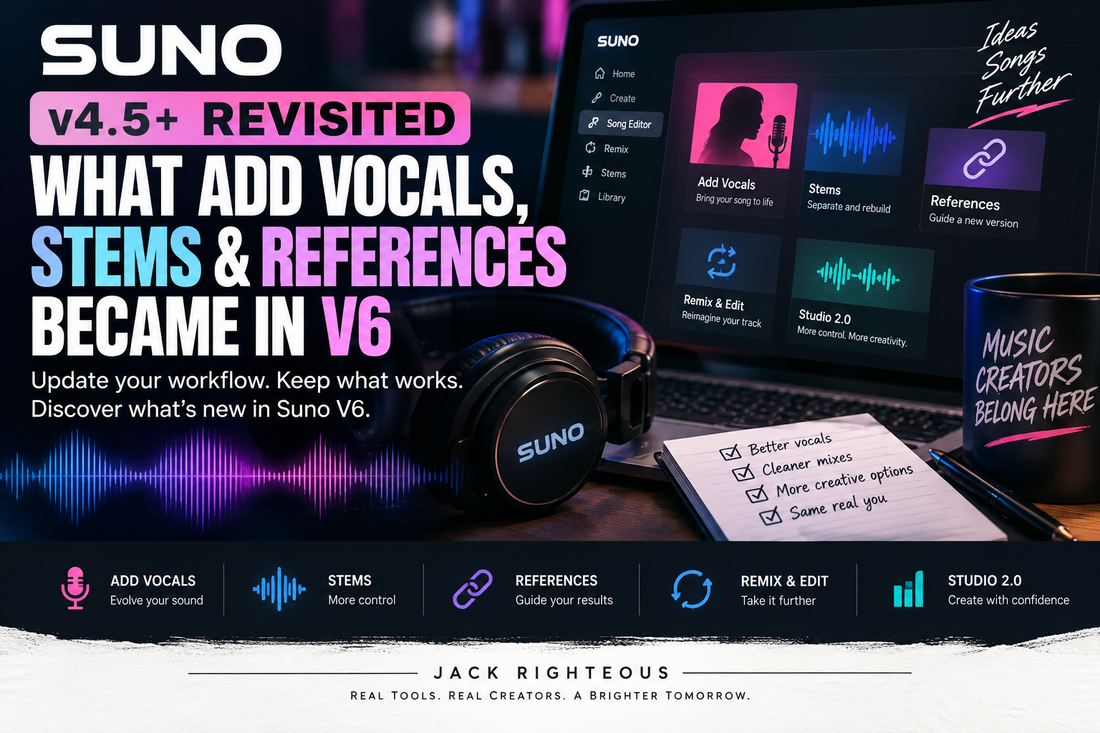 Suno v4.5+ revisited for V6 with Add Vocals, stems, references, Remix & Edit, and Studio 2.0