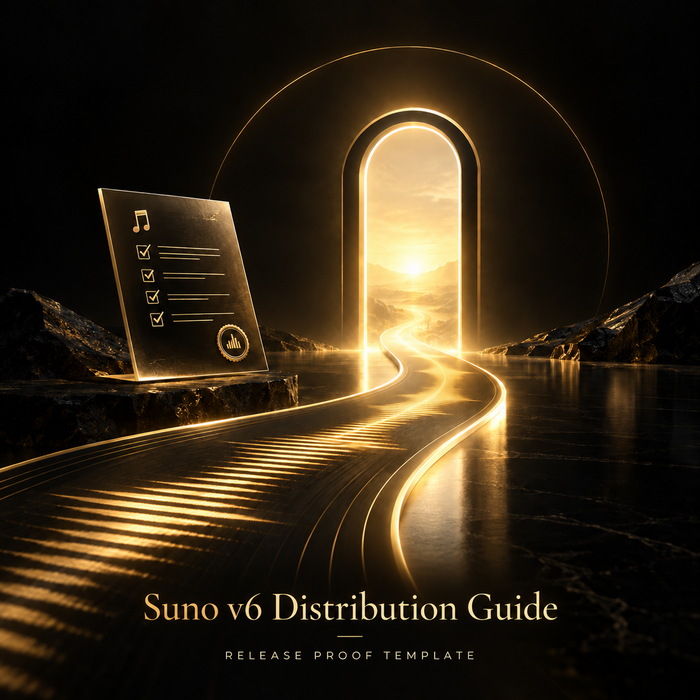 Suno v6 Distribution Guide cover image with a golden path leading through a glowing gateway and the caption Release Proof Template