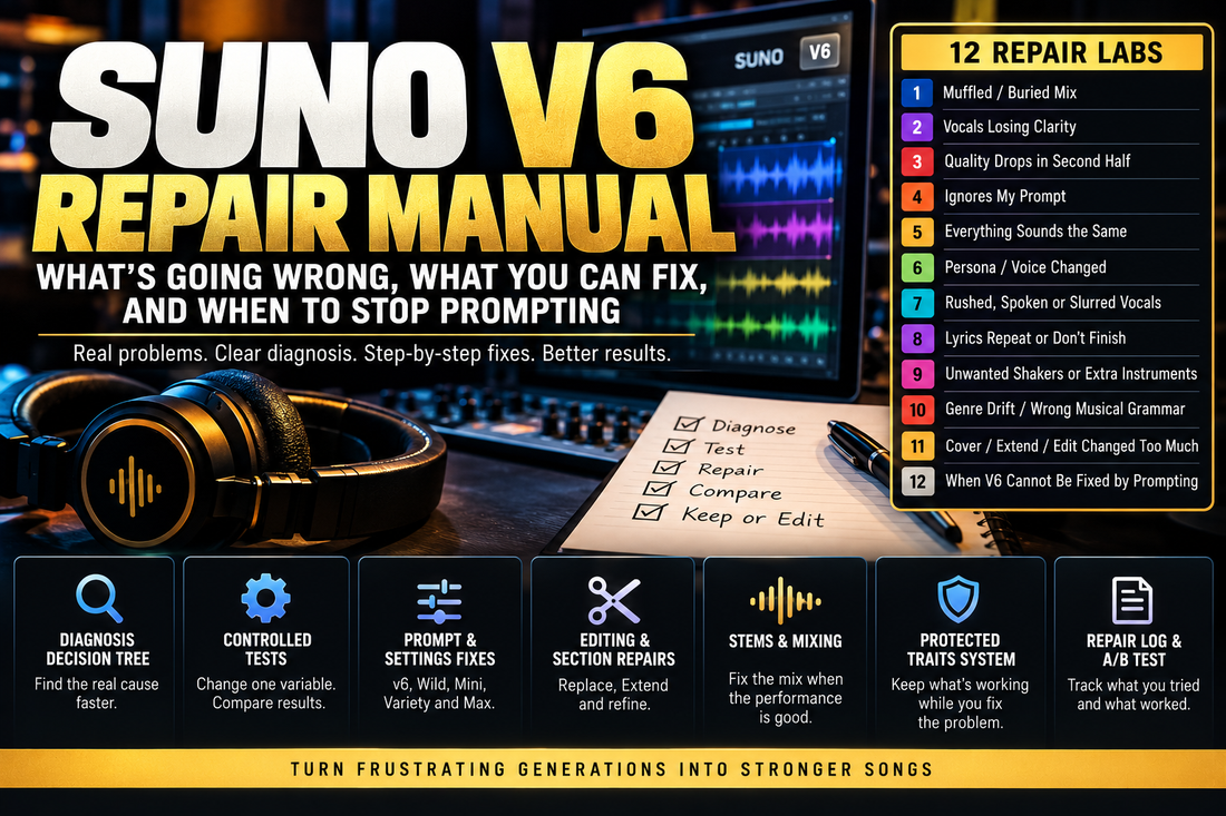 Suno V6 Repair Manual covering 12 common problems, diagnosis, controlled tests, prompt and settings fixes, editing, stems and mixing, protected traits, and repair logging