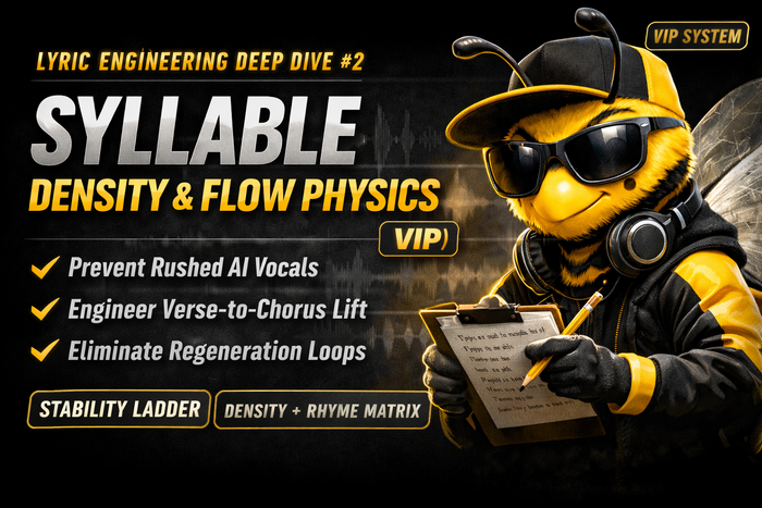 VIP Syllable Density & Flow Physics AI songwriting cover with pro bee mascot and waveform studio background