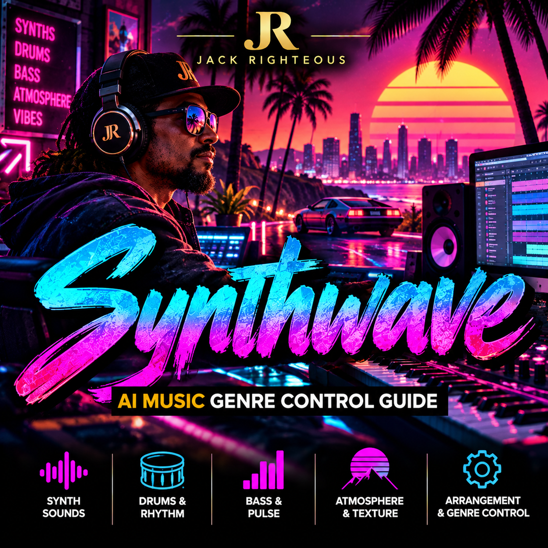 Synthwave Genre Intelligence for AI music creators — synth sounds, drums and rhythm, bass pulse, atmosphere, arrangement and genre control