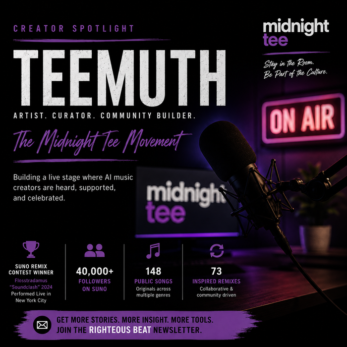 Teemuth Creator Spotlight featuring Midnight Tee, livestreaming, music discussion and verified creator accomplishments