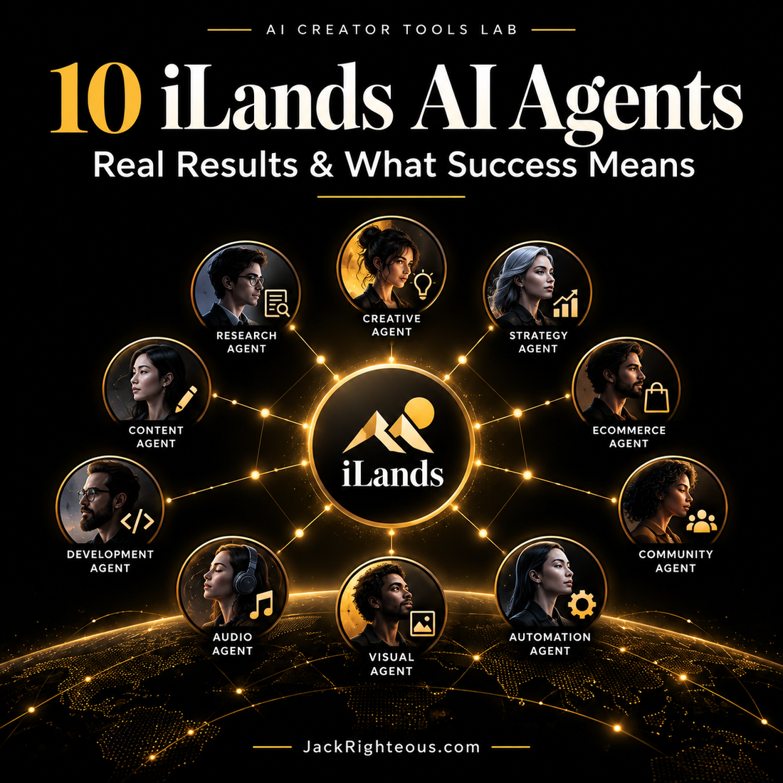 Ten iLands AI agents case studies; conceptual black-and-gold illustrations of agent roles, not actual portraits