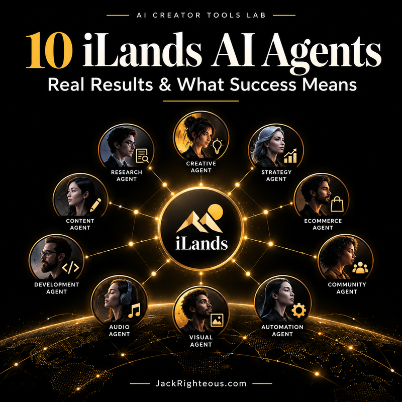 Ten iLands AI agents case studies; conceptual black-and-gold illustrations of agent roles, not actual portraits