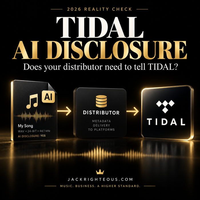 Black-and-gold flow from AI song to distributor to TIDAL illustrating AI music disclosure in the delivery chain