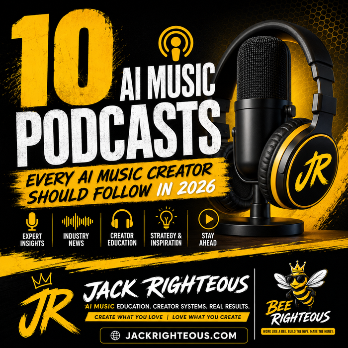 Promotional graphic for '10 AI Music Podcasts' featuring a black and yellow microphone, headphones, and bold text on a black and yellow background. Visible branding includes Jack Righteous and Bee Righteous.