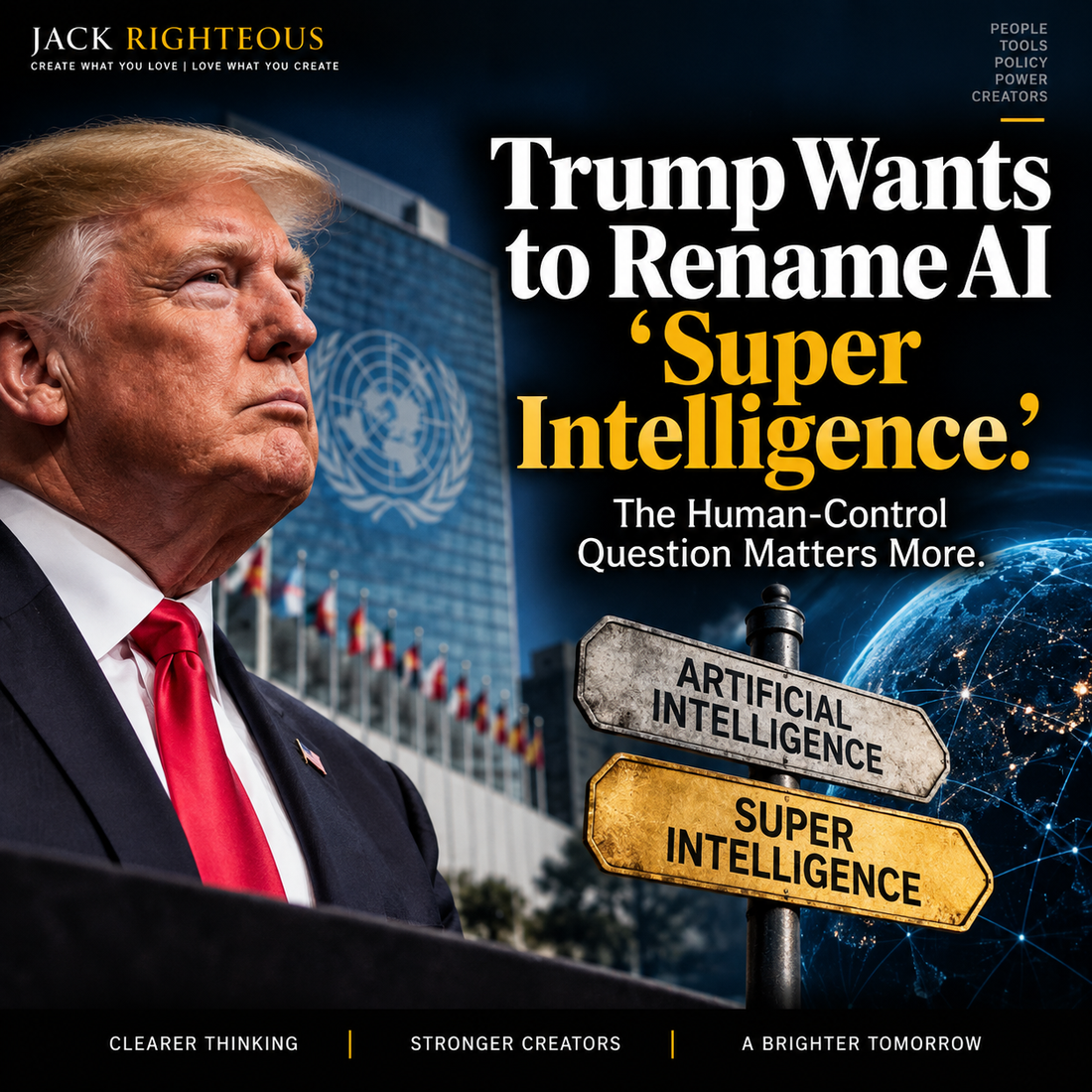 Donald Trump at the United Nations with a sign changing Artificial Intelligence to Super Intelligence, illustrating the human-control debate around AI terminology.