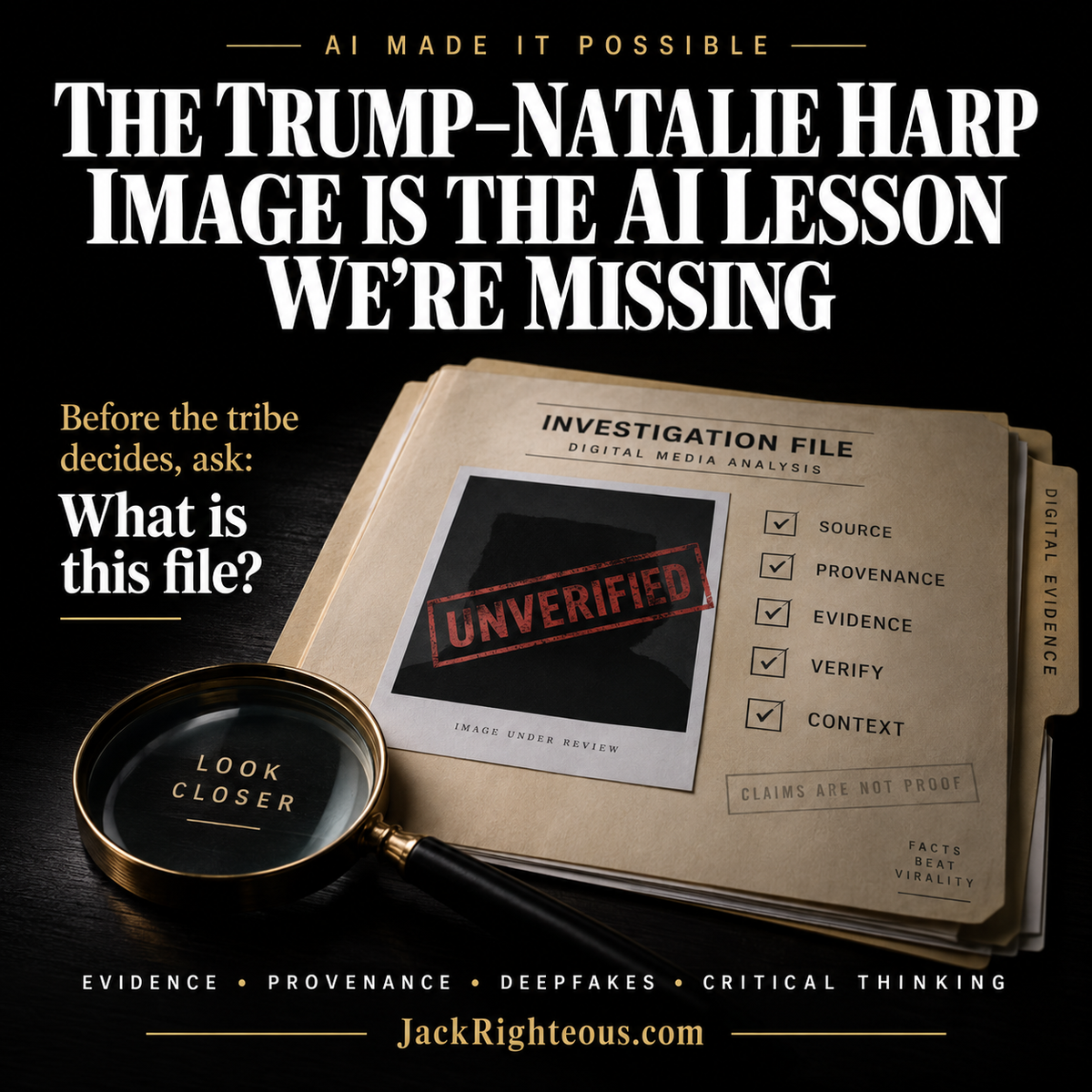 Editorial cover for The Trump–Natalie Harp Image Is the AI Lesson We’re Missing, focused on evidence, provenance, deepfakes and critical thinking.