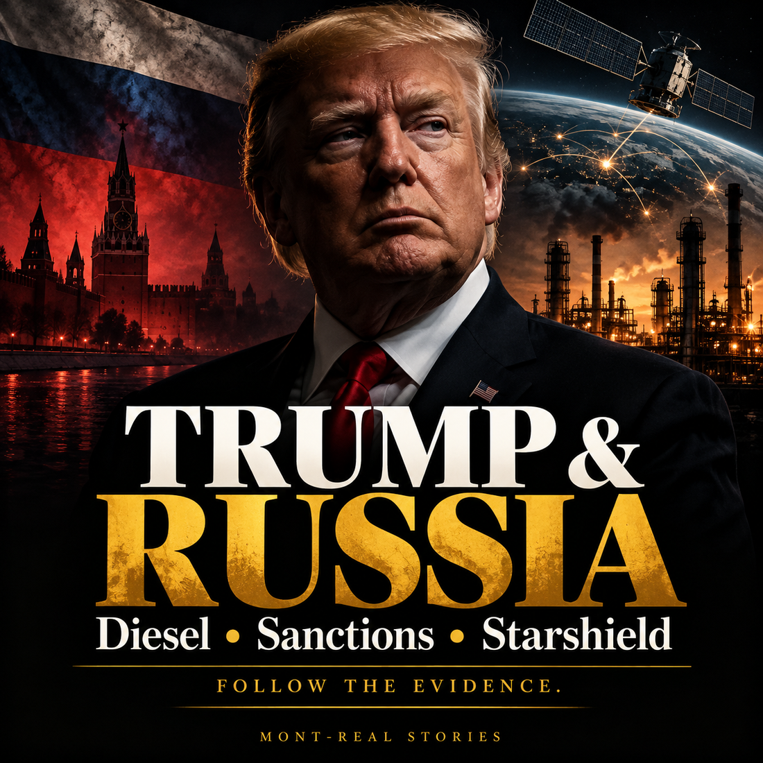 Editorial cover: Donald Trump with Russian flag, oil refinery and satellite imagery; headline Trump and Russia — Diesel, Sanctions, Starshield.