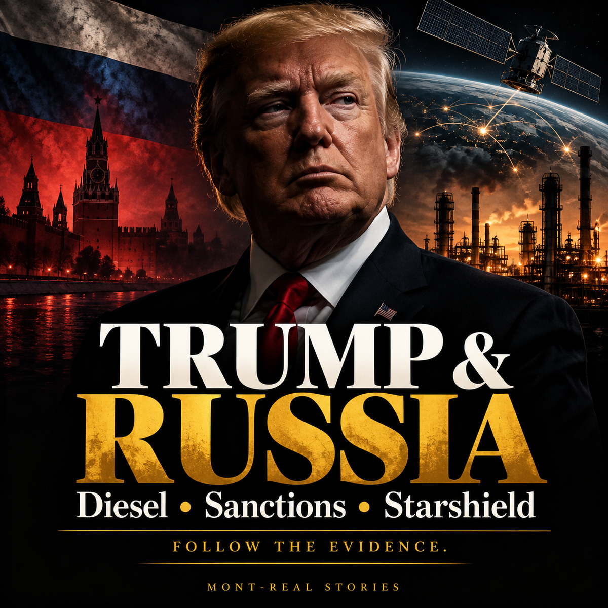 Editorial cover: Donald Trump with Russian flag, oil refinery and satellite imagery; headline Trump and Russia — Diesel, Sanctions, Starshield.