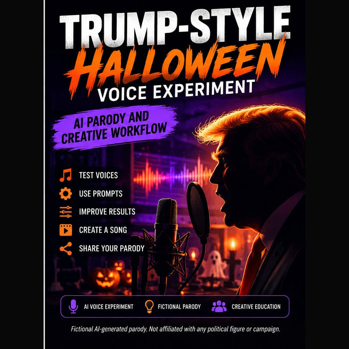Fictional synthetic voice parody artwork with recording microphone and stylized performer silhouette