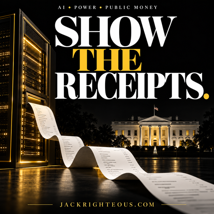 Jack Righteous editorial cover: Show the Receipts, with a server cabinet, long receipt and White House illustration in black and gold.