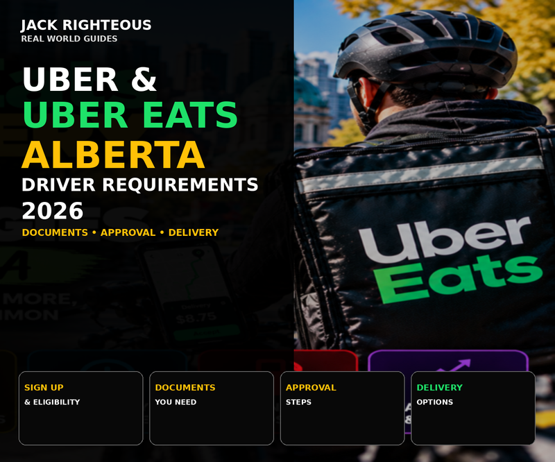 Uber and Uber Eats Alberta driver requirements 2026 cover showing eligibility, documents, approval steps and delivery options