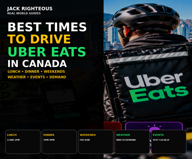 Best times to drive Uber Eats in Canada cover showing lunch, dinner, weekends, weather and events