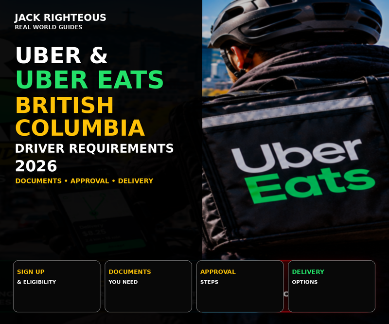 Uber and Uber Eats British Columbia driver requirements 2026 cover showing eligibility, documents, approval steps and delivery options