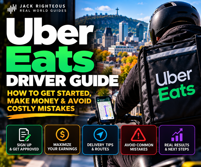 Uber Eats Quebec driver guide cover showing Montreal delivery work, signup, earnings, routes and common mistakes