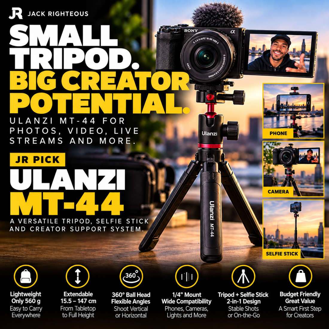 ULANZI MT-44 creator tripod and selfie stick with camera and phone setup for stable YouTube, UGC, livestream and short-form video