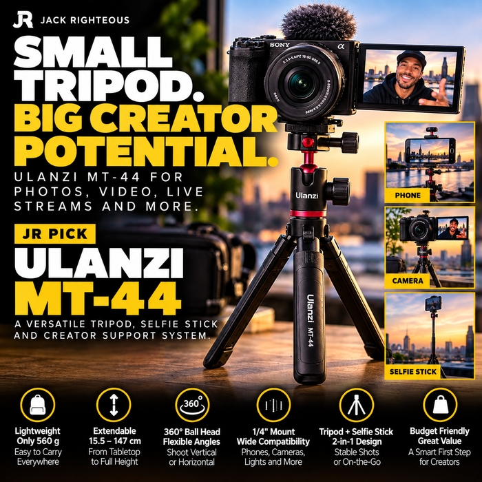 ULANZI MT-44 creator tripod and selfie stick with camera and phone setup for stable YouTube, UGC, livestream and short-form video