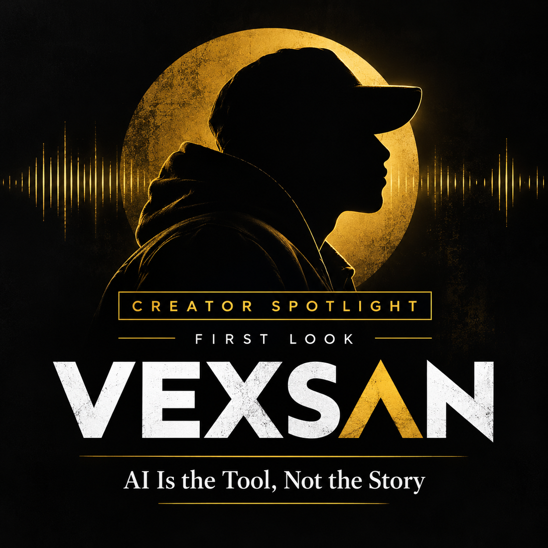 Creator Spotlight First Look cover for VEXSAN with an anonymous stylized profile silhouette, black background, gold accents, and the words AI Is the Tool, Not the Story.