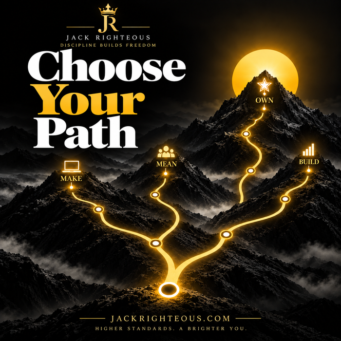 Choose Your Path visual creator roadmap with branching Make, Mean, Own and Build roads by Jack Righteous