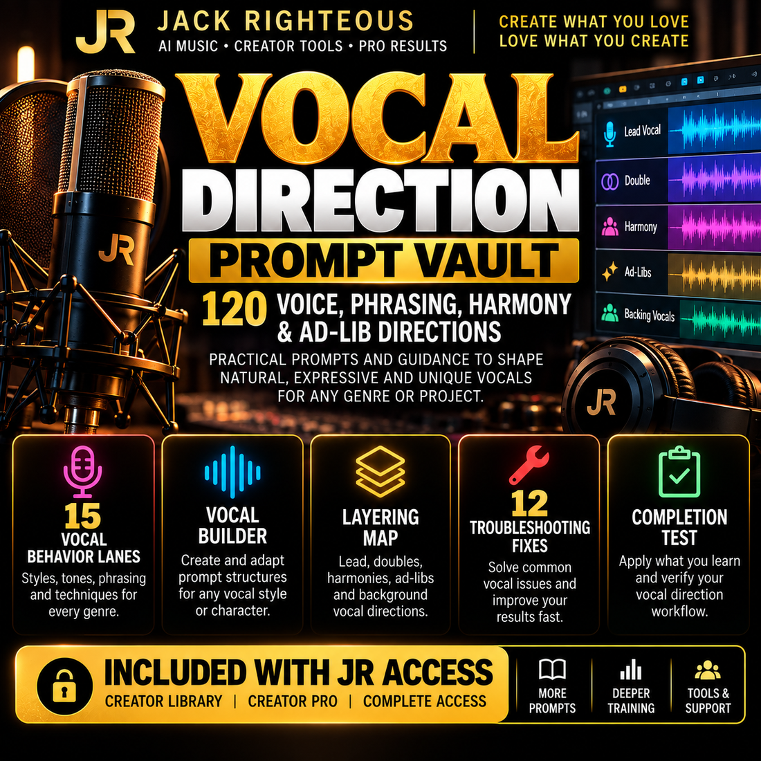 Vocal Direction Prompt Vault with 120 voice, phrasing, harmony and ad-lib directions included with JR Access