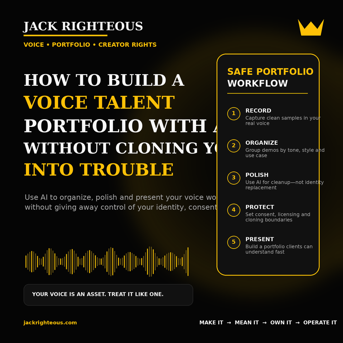 Jack Righteous cover for building a voice talent portfolio with AI tools, emphasizing safe use, consent, licensing and voice cloning boundaries.