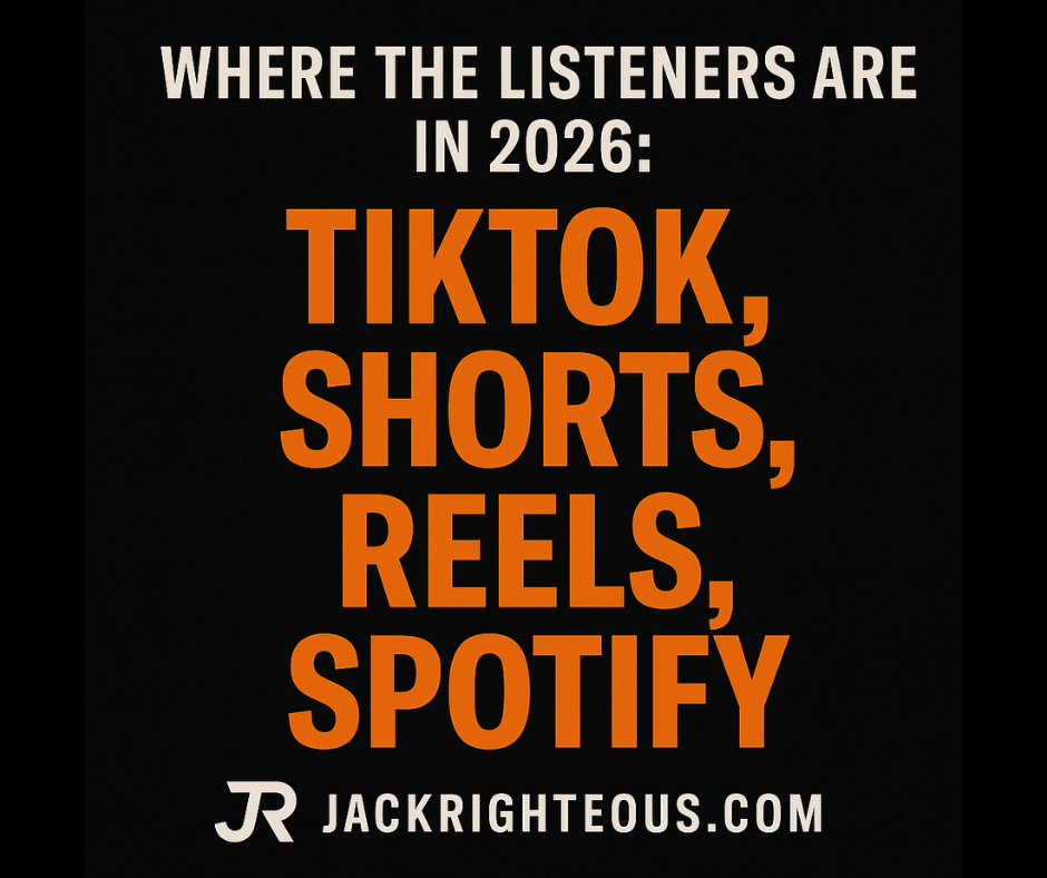 1:1 cover image titled “Where the Listeners Are in 2026” with bold text listing TikTok, Shorts, Reels, and Spotify, plus JR and JackRighteous.com.