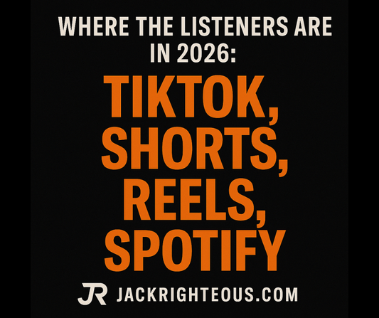 1:1 cover image titled “Where the Listeners Are in 2026” with bold text listing TikTok, Shorts, Reels, and Spotify, plus JR and JackRighteous.com.